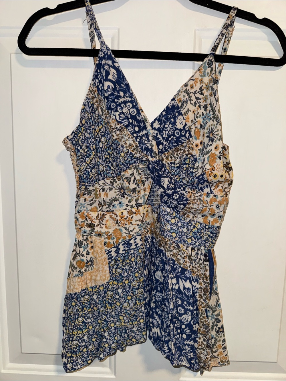 BKE Blue and Cream Floral Patchwork V-Neck Camisole